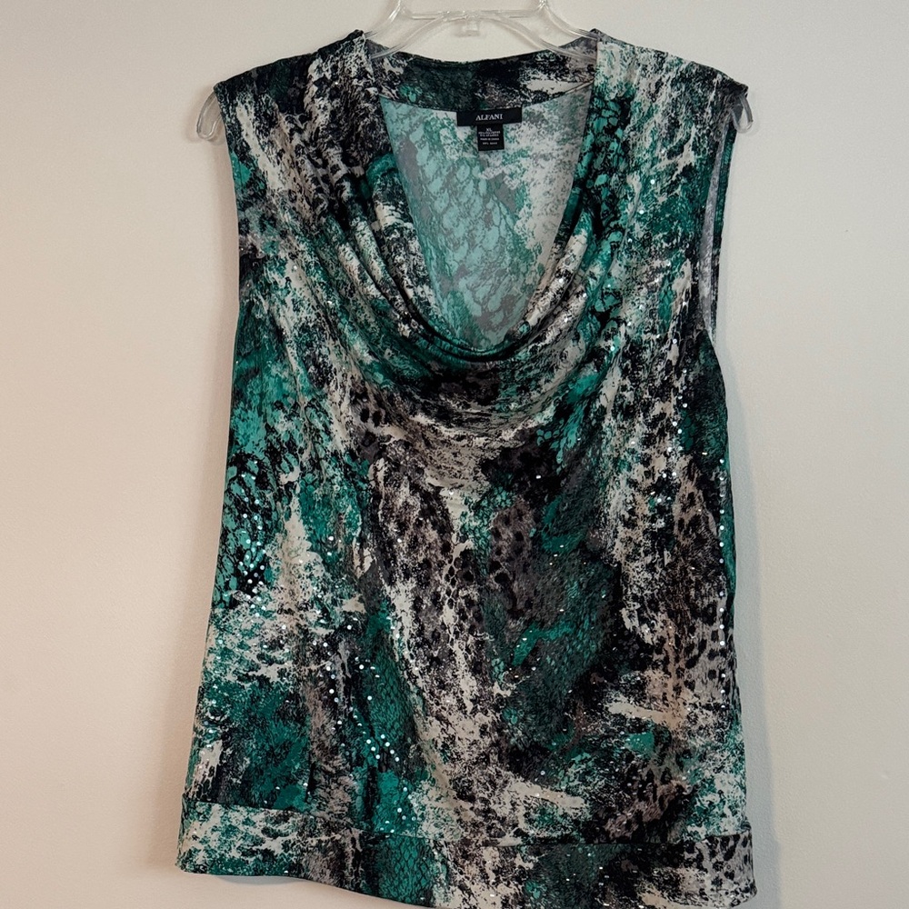 Teal and Black Abstract Cowl Neck Blouse size XL - Picture 4 of 9